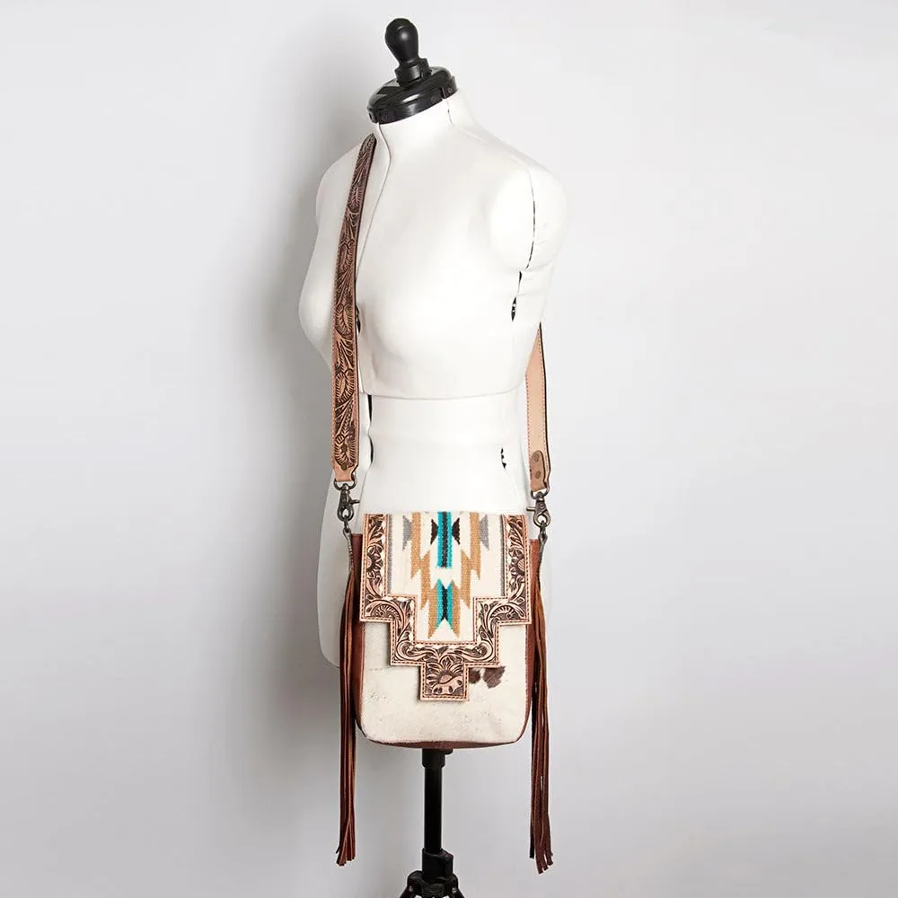 American Darling Crossbody Bag ADBG856F Medium Messenger, Wool Saddle Blanket, Cow Hide, Handcarved Leather, Western, Boho, Fringe