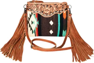 American Darling Small Crossbody Messenger Bag ADBG236AB Wool Saddle Blanket, Handcarved Leather, Western, Boho, Fringe