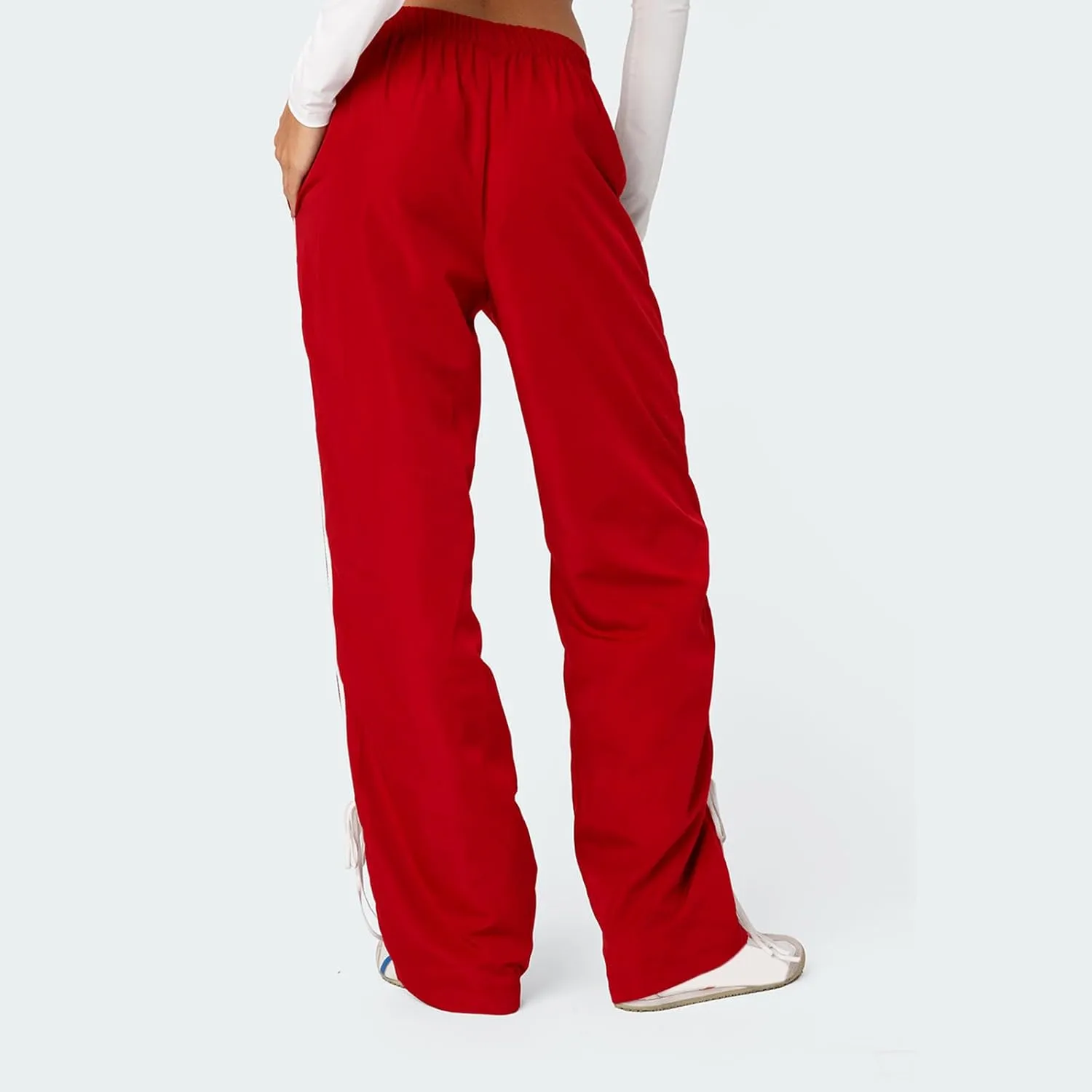 Aopwsrlyi Women Wide Leg Track Pants Y2K Parachute Pants Elastic Low Rise Side Striped Sweatpants with Pockets