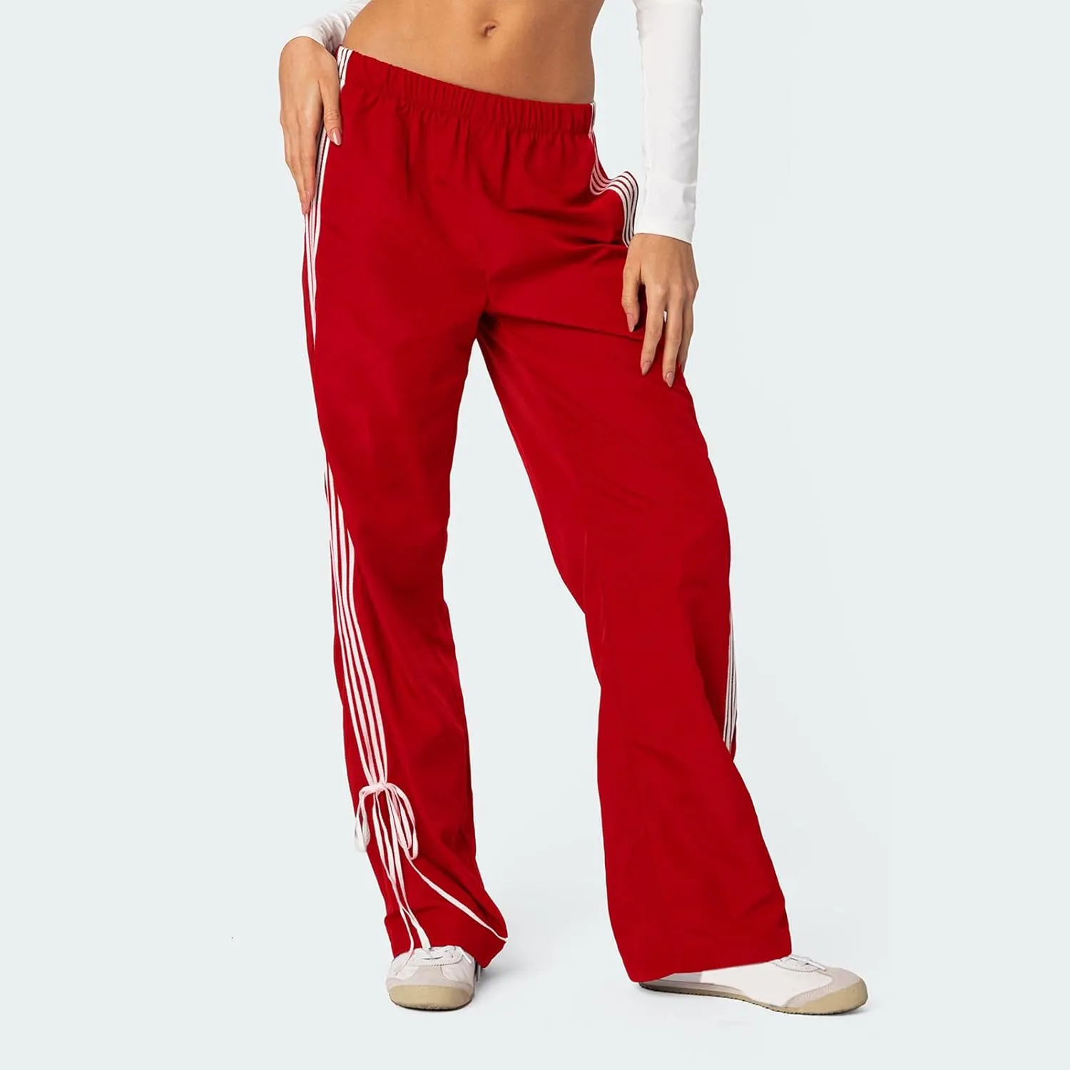 Aopwsrlyi Women Wide Leg Track Pants Y2K Parachute Pants Elastic Low Rise Side Striped Sweatpants with Pockets