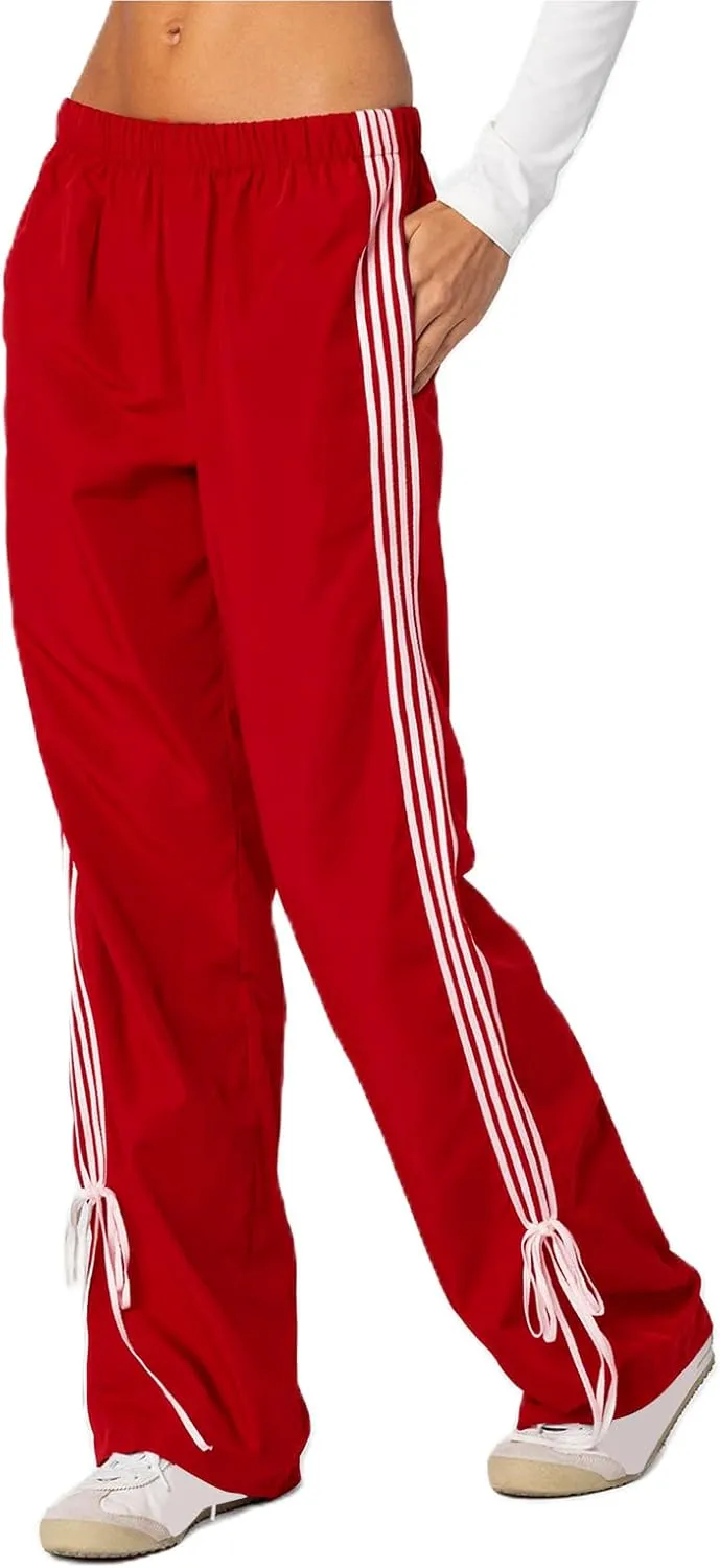 Aopwsrlyi Women Wide Leg Track Pants Y2K Parachute Pants Elastic Low Rise Side Striped Sweatpants with Pockets