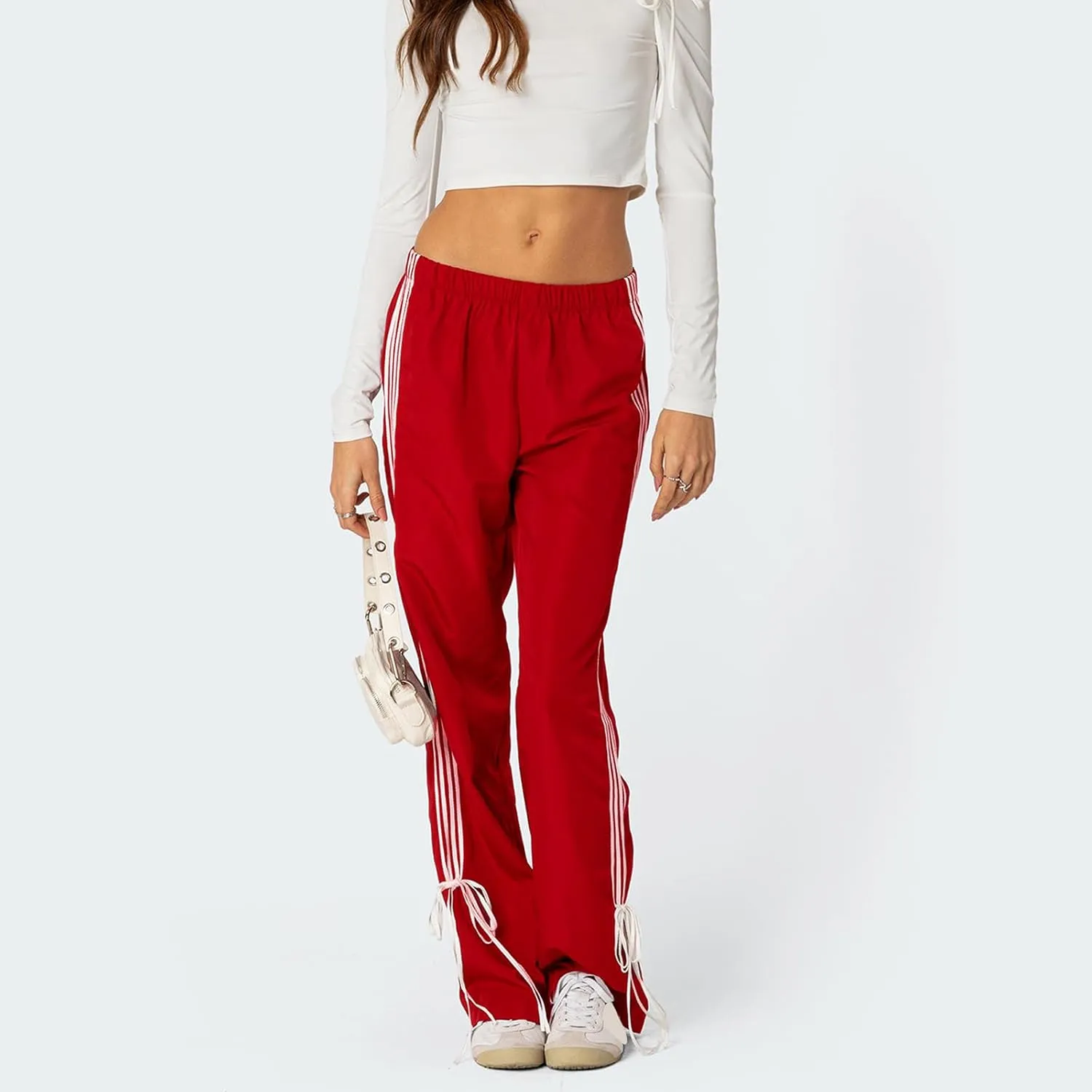 Aopwsrlyi Women Wide Leg Track Pants Y2K Parachute Pants Elastic Low Rise Side Striped Sweatpants with Pockets