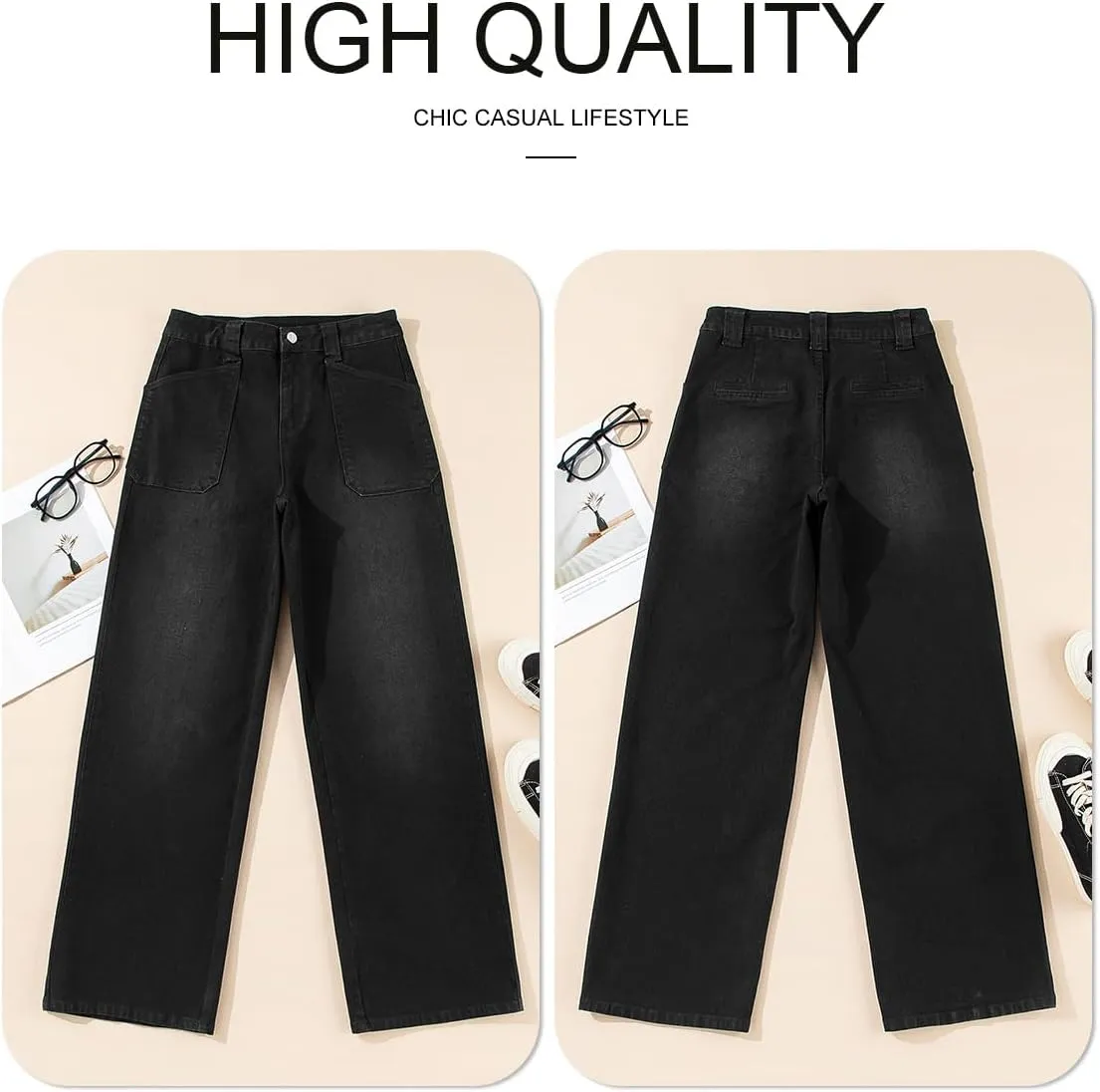 Astylish Womens High Waisted Straight Leg Jeans Stretchy Wide Leg Jeans Trendy Denim Pants