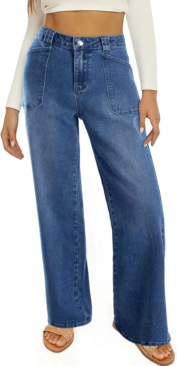 Astylish Womens High Waisted Straight Leg Jeans Stretchy Wide Leg Jeans Trendy Denim Pants