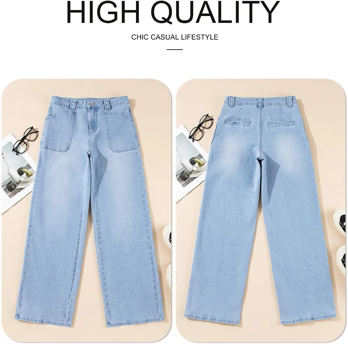 Astylish Womens High Waisted Straight Leg Jeans Stretchy Wide Leg Jeans Trendy Denim Pants