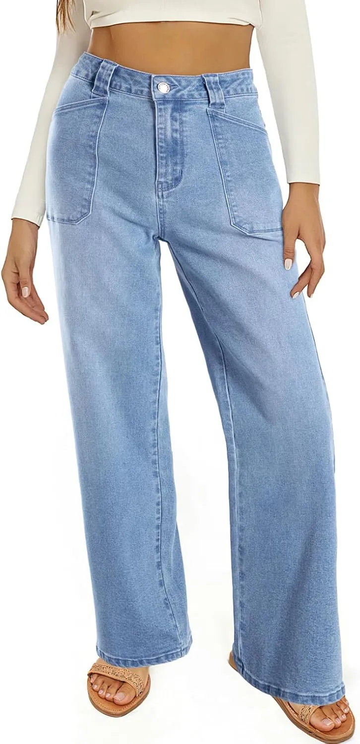 Astylish Womens High Waisted Straight Leg Jeans Stretchy Wide Leg Jeans Trendy Denim Pants