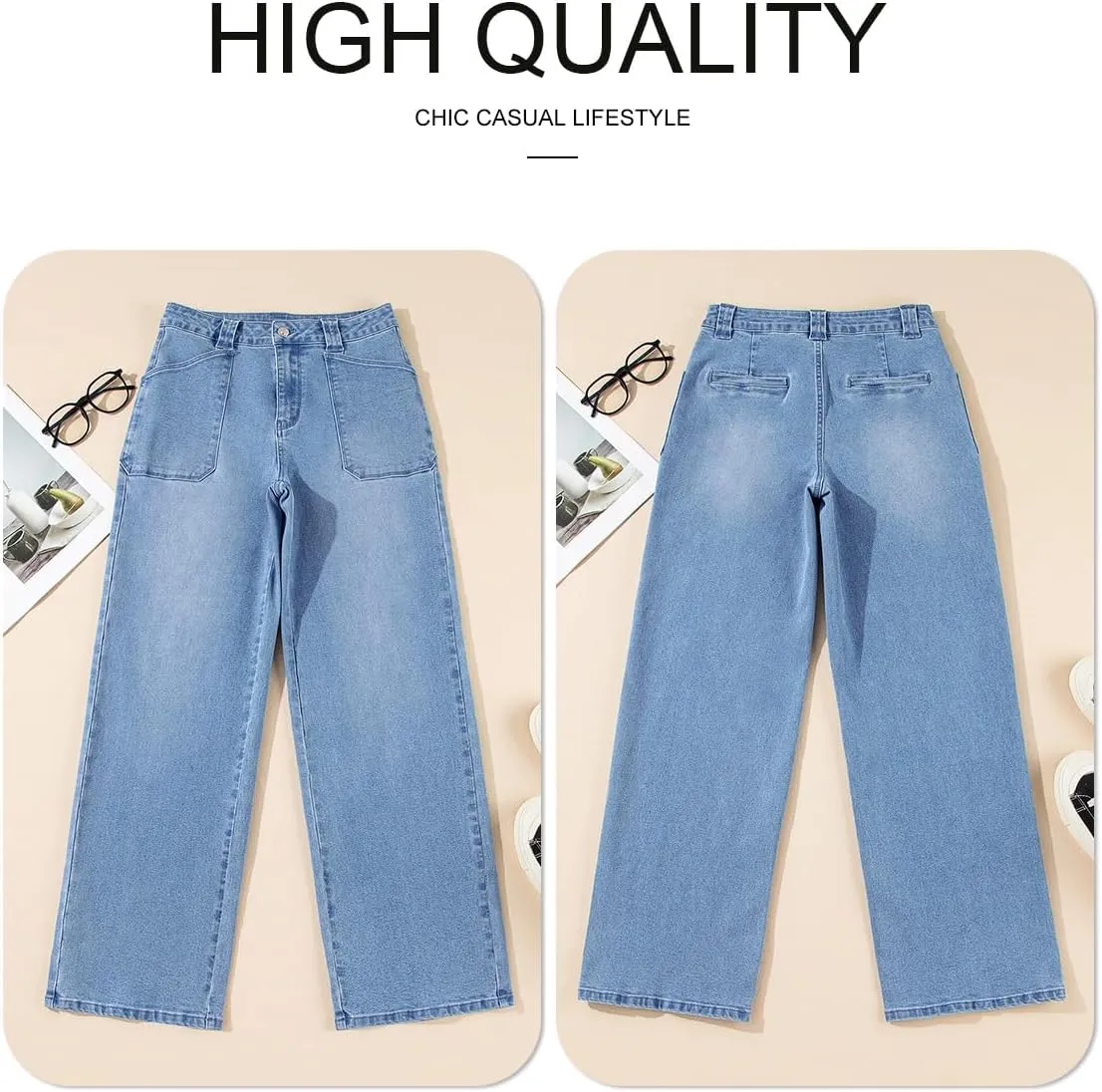 Astylish Womens High Waisted Straight Leg Jeans Stretchy Wide Leg Jeans Trendy Denim Pants