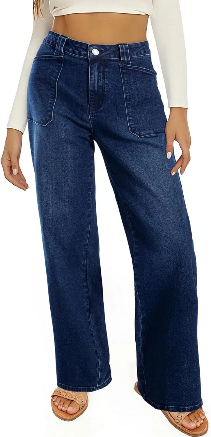 Astylish Womens High Waisted Straight Leg Jeans Stretchy Wide Leg Jeans Trendy Denim Pants