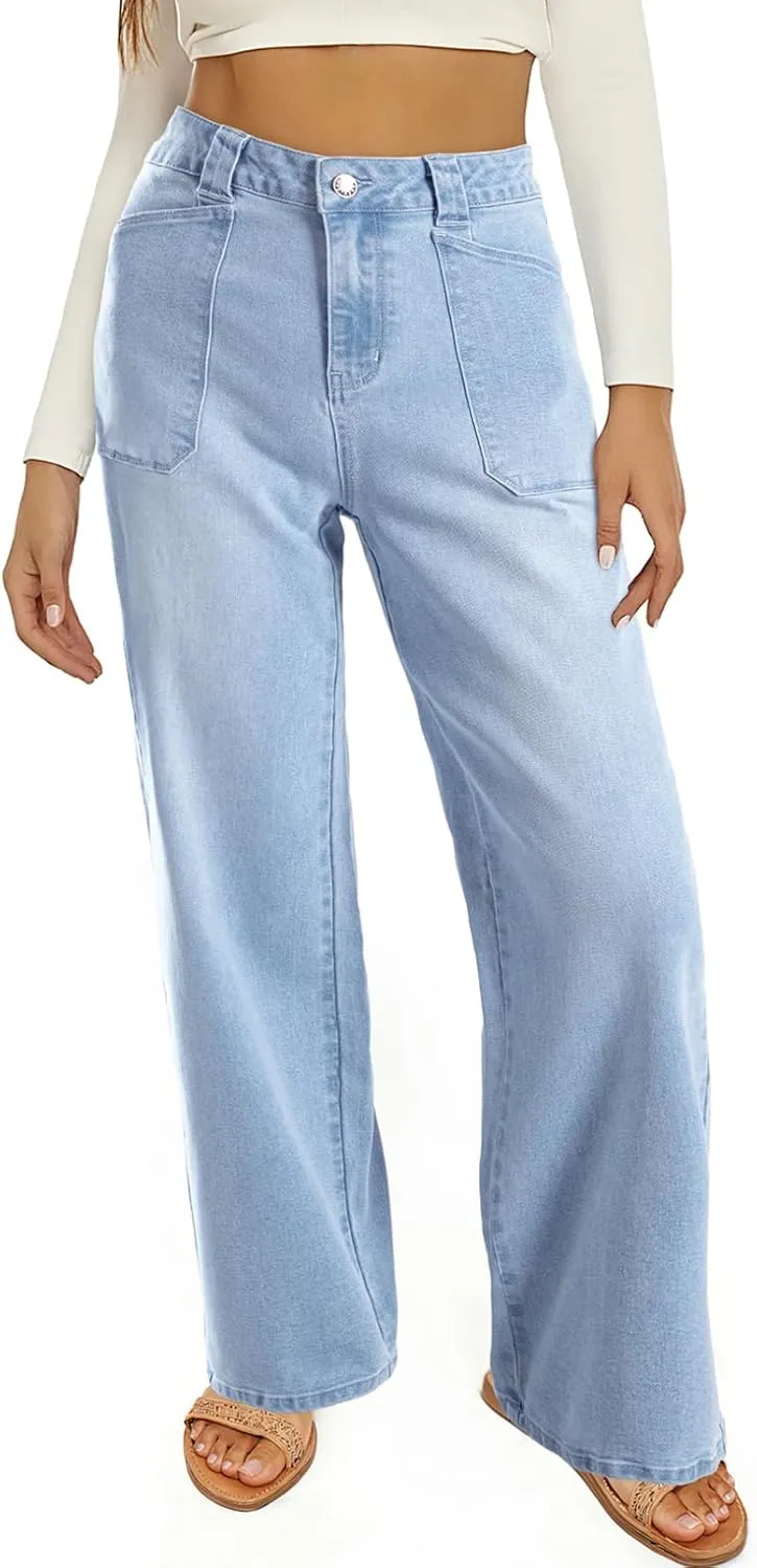 Astylish Womens High Waisted Straight Leg Jeans Stretchy Wide Leg Jeans Trendy Denim Pants