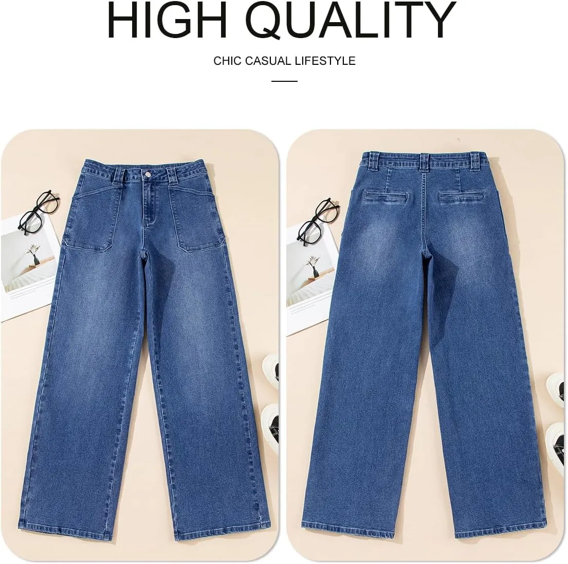 Astylish Womens High Waisted Straight Leg Jeans Stretchy Wide Leg Jeans Trendy Denim Pants