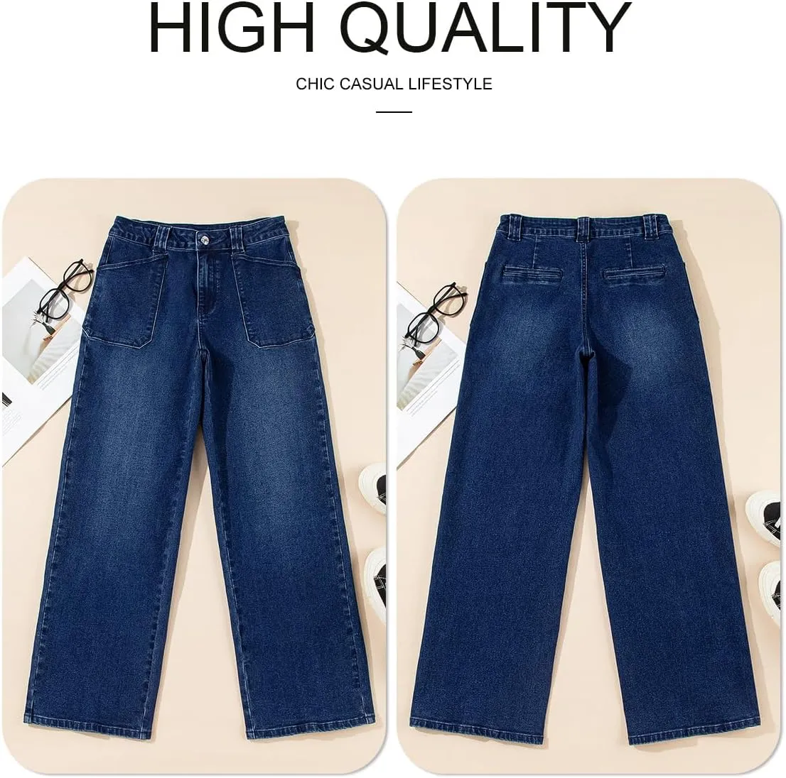 Astylish Womens High Waisted Straight Leg Jeans Stretchy Wide Leg Jeans Trendy Denim Pants