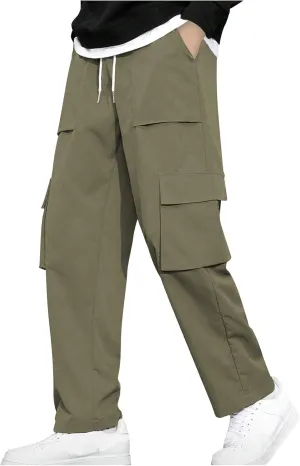 Baggy Straight Leg Cargo Pants for Men Drawstring Waist Work Pants with Pockets Spring Fashion Open Bottom Trousers