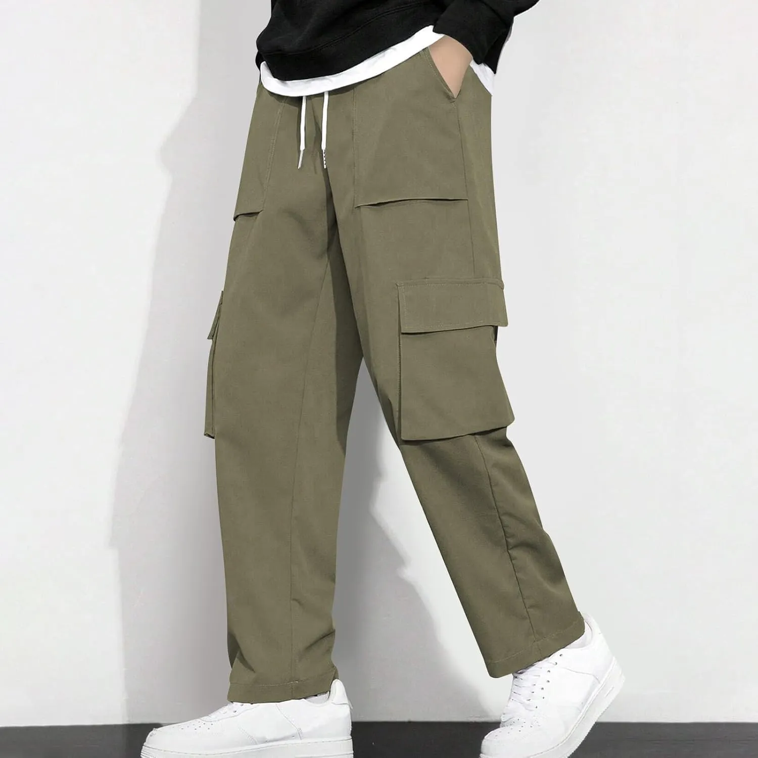 Baggy Straight Leg Cargo Pants for Men Drawstring Waist Work Pants with Pockets Spring Fashion Open Bottom Trousers