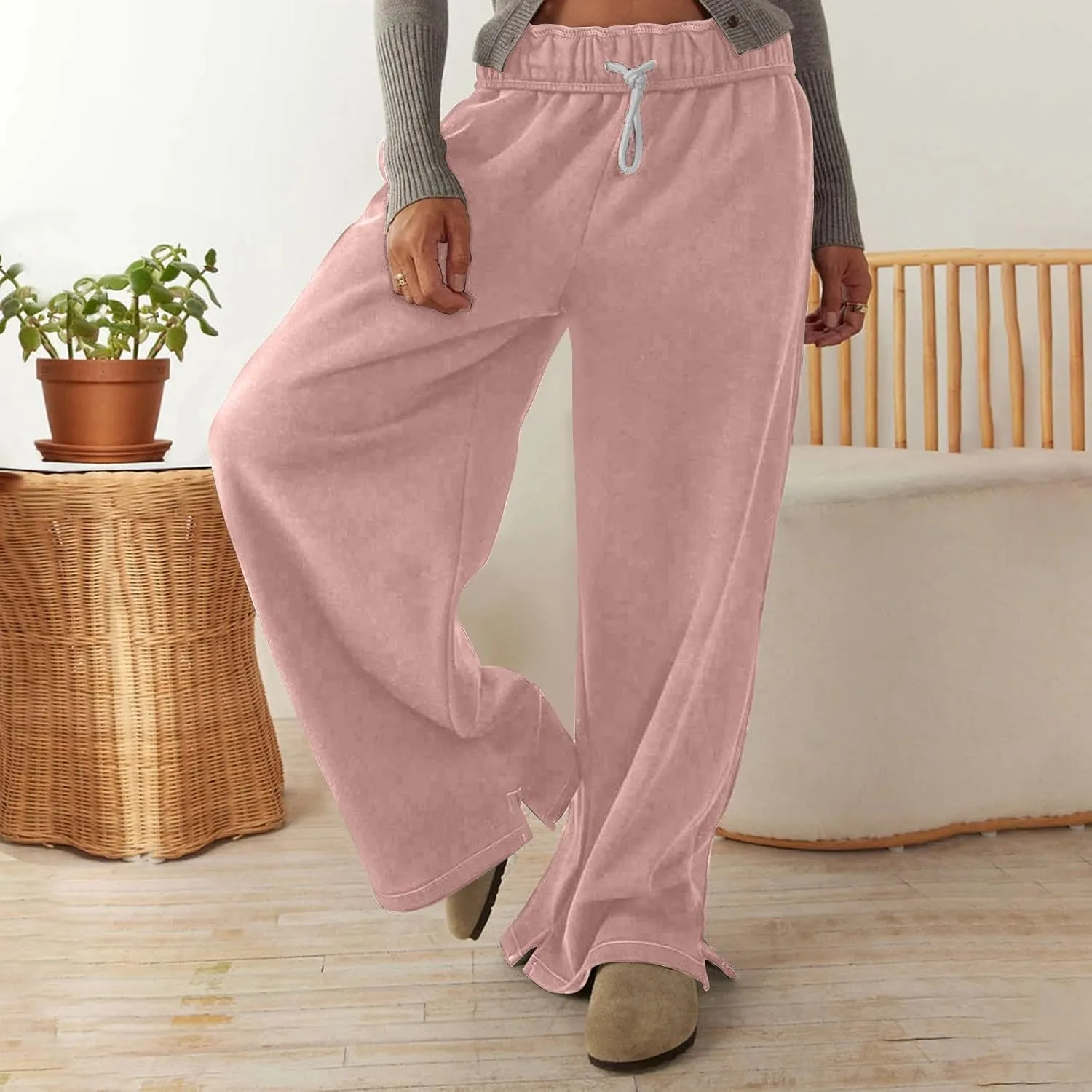 Baggy Wide Leg Sweatpants Women Fleece Interior Drawstring Cute Y2k Sweat Pants Athletic Works Joggers with Pockets