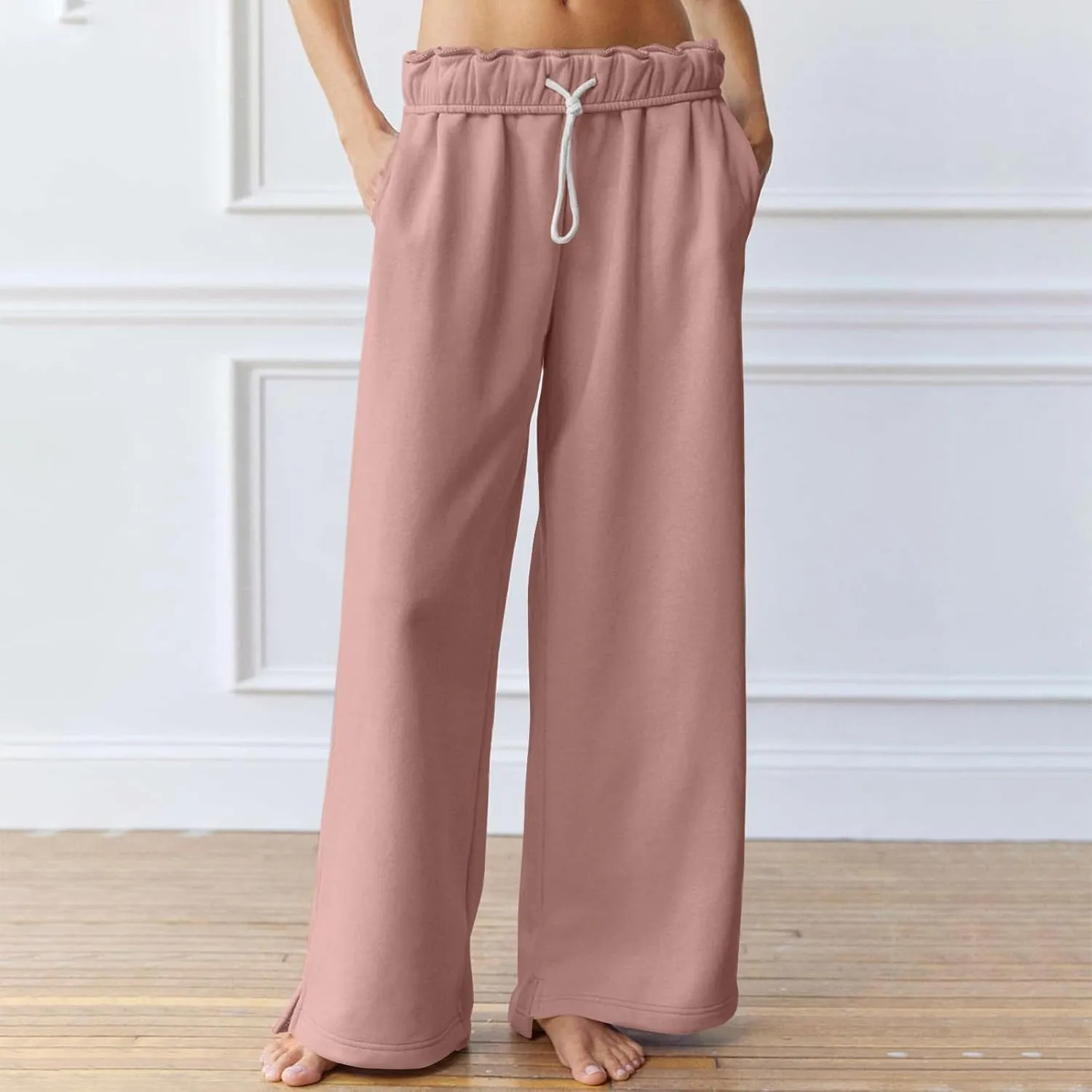 Baggy Wide Leg Sweatpants Women Fleece Interior Drawstring Cute Y2k Sweat Pants Athletic Works Joggers with Pockets