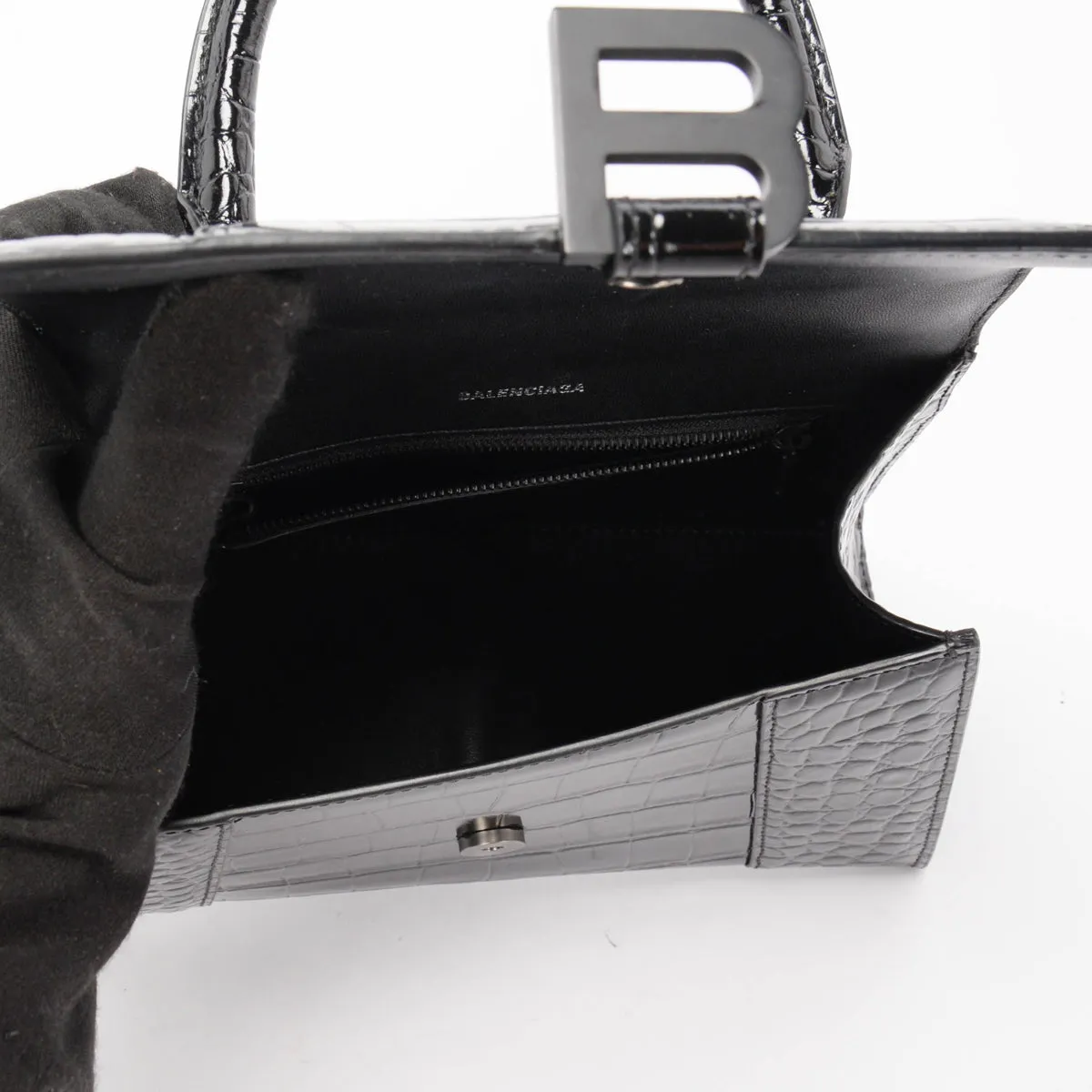 Balenciaga Black Croc Effect Small Hourglass Bag