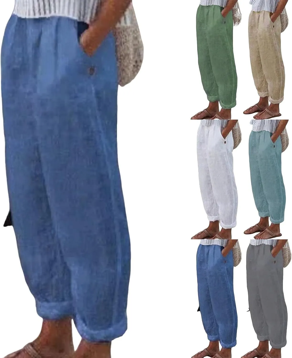 Beach Pants for Women Boho Style Cotton Linen Palazzo Trousers Drawstring Elastic Waist Summer Lounge Travel Pants