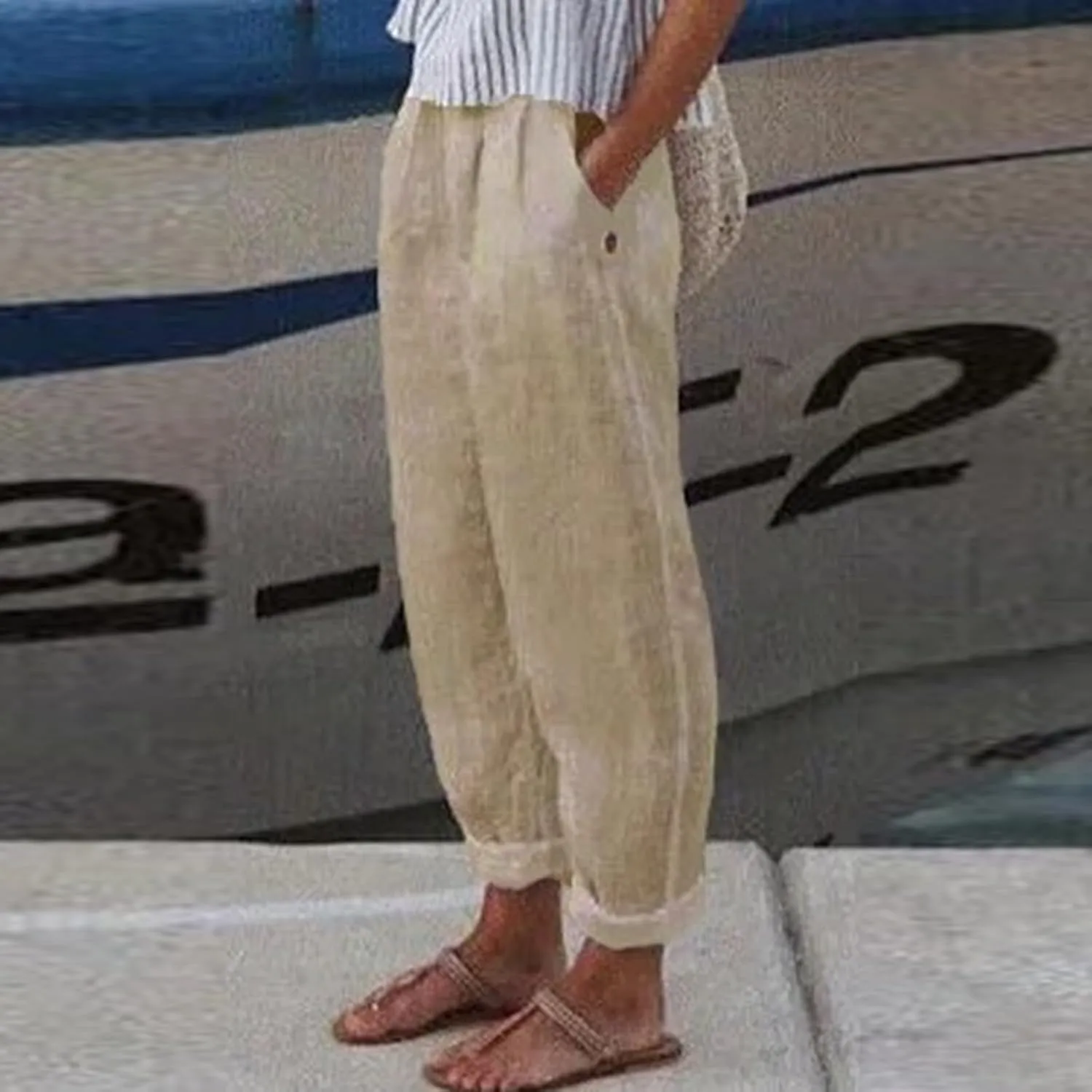 Beach Pants for Women Boho Style Cotton Linen Palazzo Trousers Drawstring Elastic Waist Summer Lounge Travel Pants