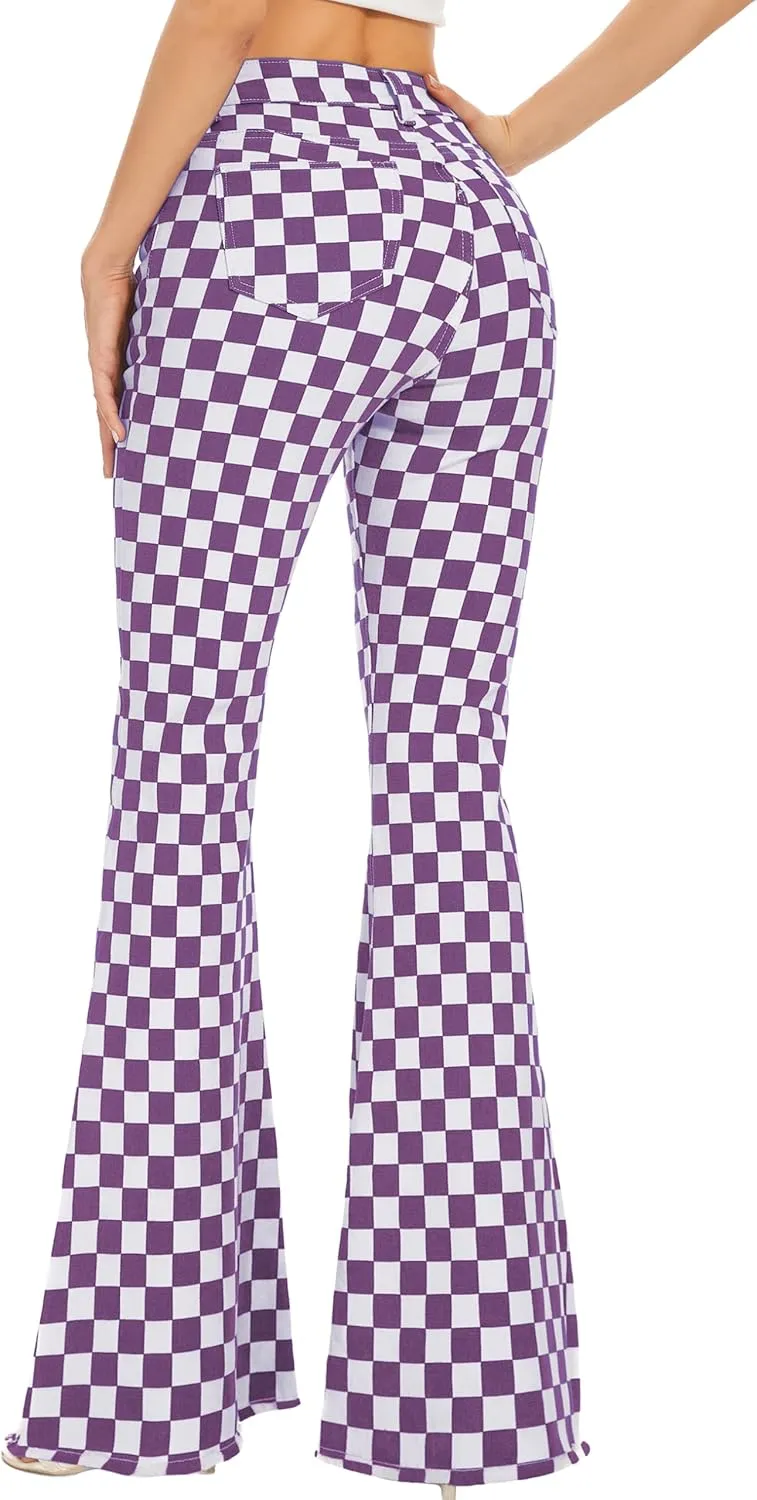 Bell Bottom Jeans for Women High Waisted Stretch Plaid Flare Jeans Denim Bootcut Pants