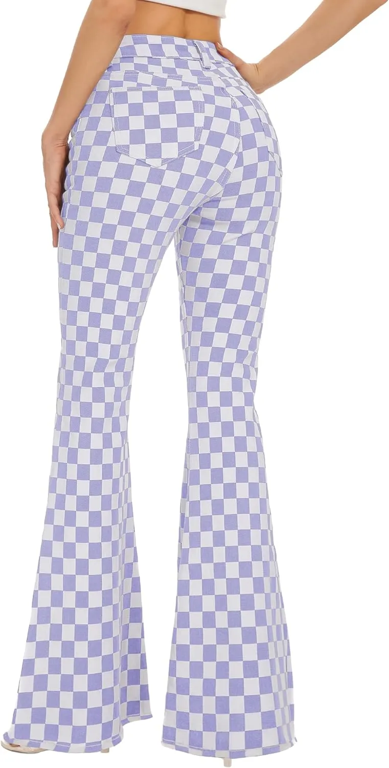Bell Bottom Jeans for Women High Waisted Stretch Plaid Flare Jeans Denim Bootcut Pants