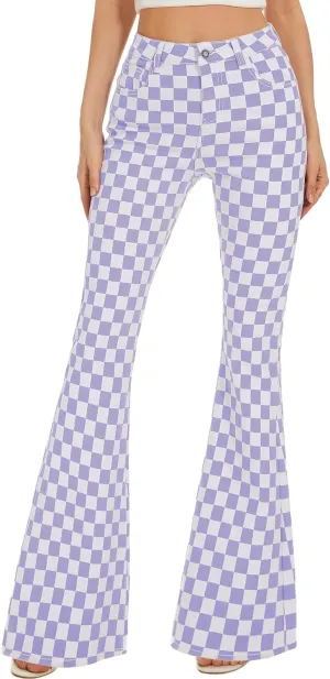 Bell Bottom Jeans for Women High Waisted Stretch Plaid Flare Jeans Denim Bootcut Pants