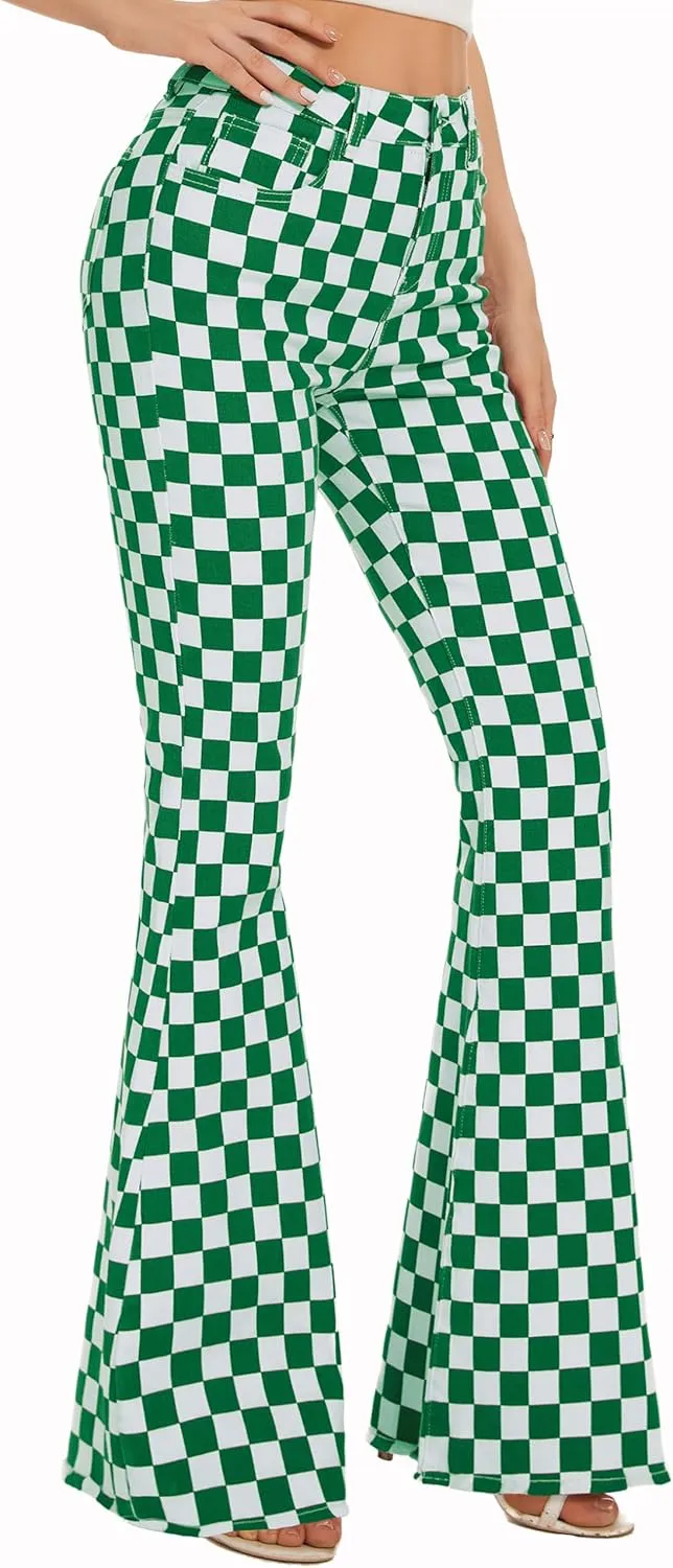 Bell Bottom Jeans for Women High Waisted Stretch Plaid Flare Jeans Denim Bootcut Pants