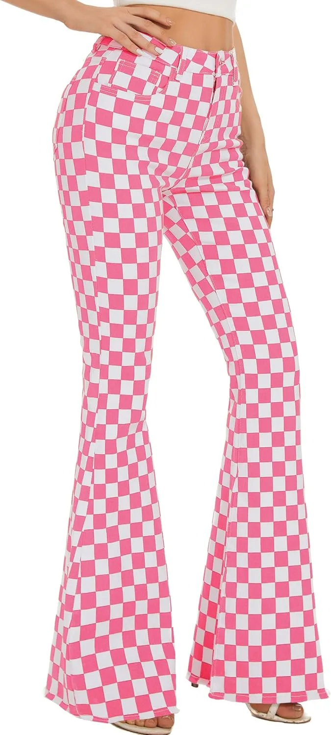 Bell Bottom Jeans for Women High Waisted Stretch Plaid Flare Jeans Denim Bootcut Pants