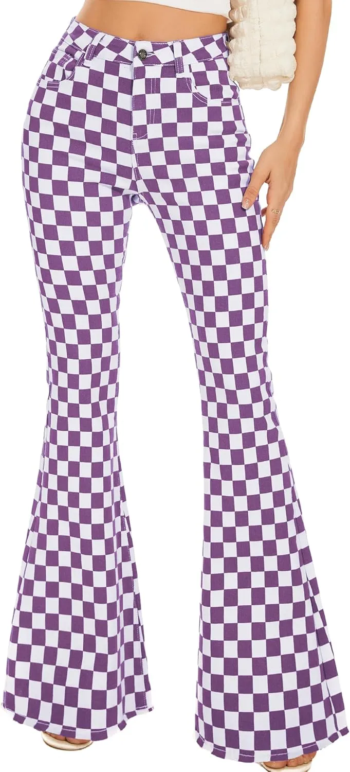 Bell Bottom Jeans for Women High Waisted Stretch Plaid Flare Jeans Denim Bootcut Pants