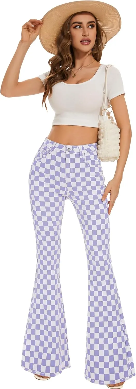Bell Bottom Jeans for Women High Waisted Stretch Plaid Flare Jeans Denim Bootcut Pants