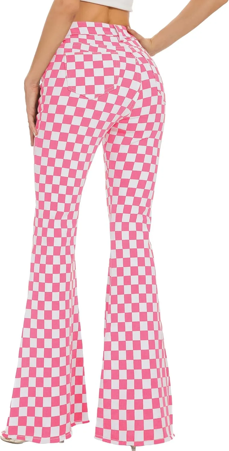 Bell Bottom Jeans for Women High Waisted Stretch Plaid Flare Jeans Denim Bootcut Pants