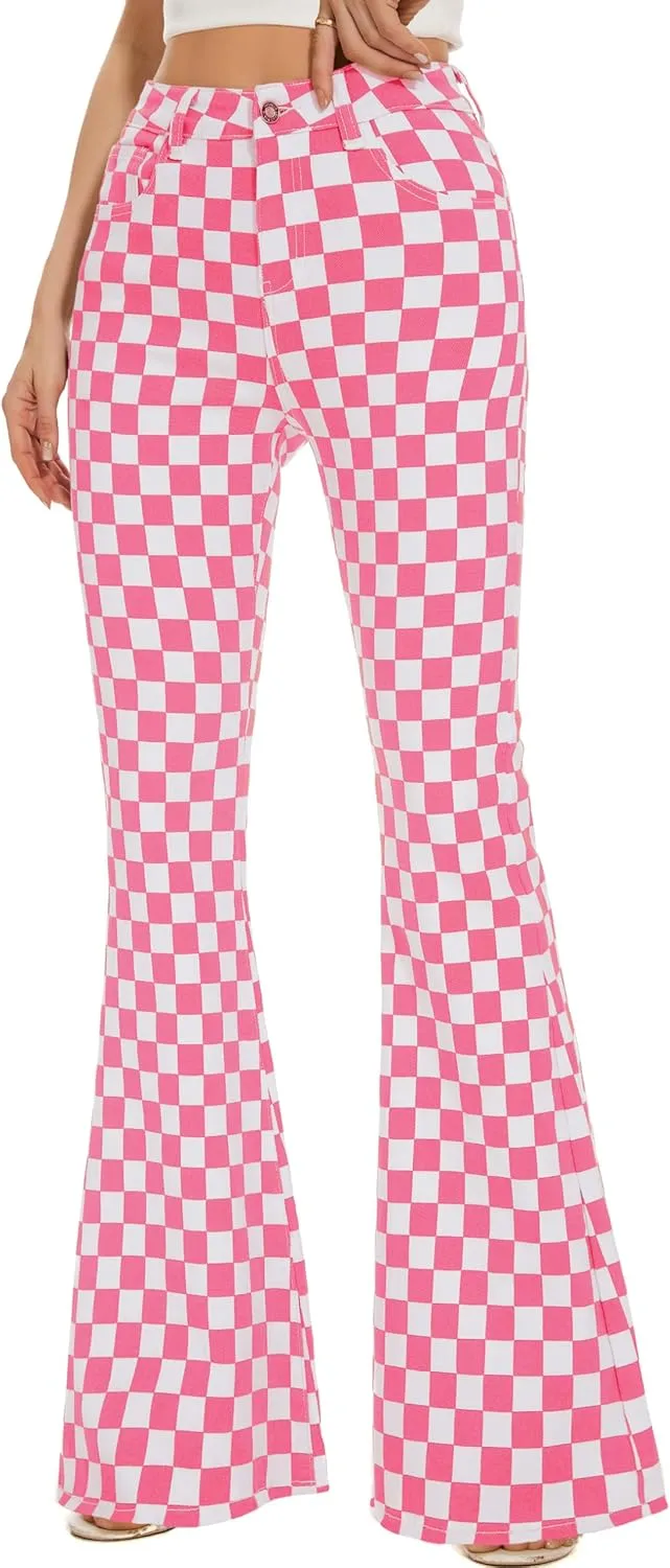 Bell Bottom Jeans for Women High Waisted Stretch Plaid Flare Jeans Denim Bootcut Pants