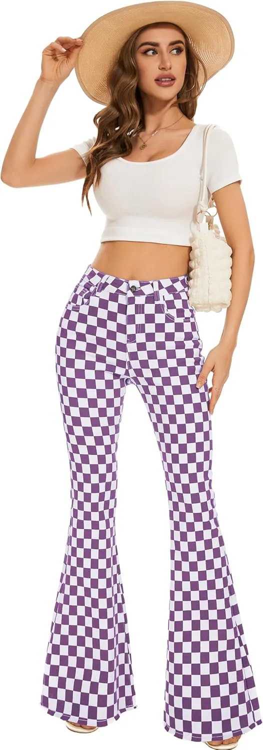 Bell Bottom Jeans for Women High Waisted Stretch Plaid Flare Jeans Denim Bootcut Pants