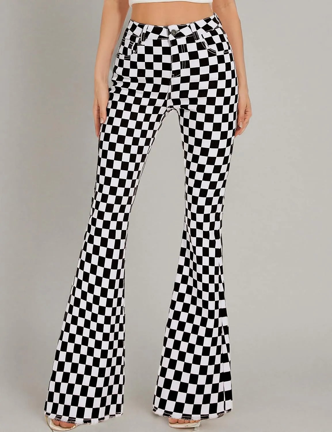 Bell Bottom Jeans for Women High Waisted Stretch Plaid Flare Jeans Denim Bootcut Pants