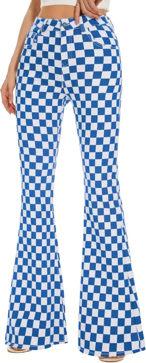 Bell Bottom Jeans for Women High Waisted Stretch Plaid Flare Jeans Denim Bootcut Pants