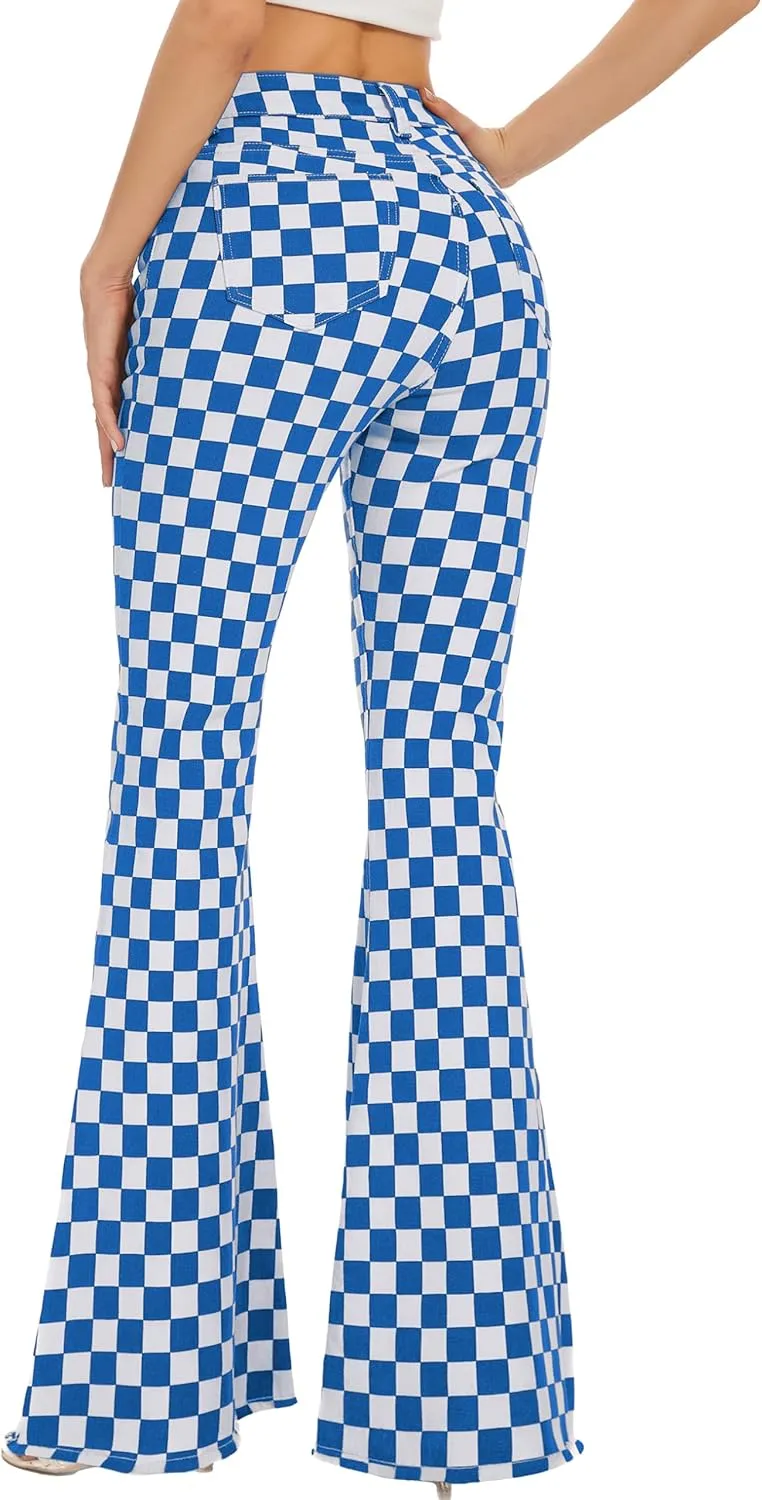 Bell Bottom Jeans for Women High Waisted Stretch Plaid Flare Jeans Denim Bootcut Pants