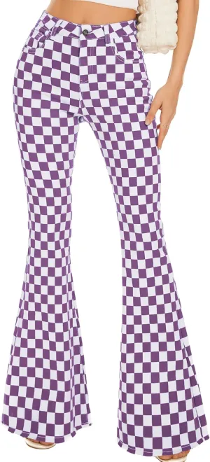 Bell Bottom Jeans for Women High Waisted Stretch Plaid Flare Jeans Denim Bootcut Pants