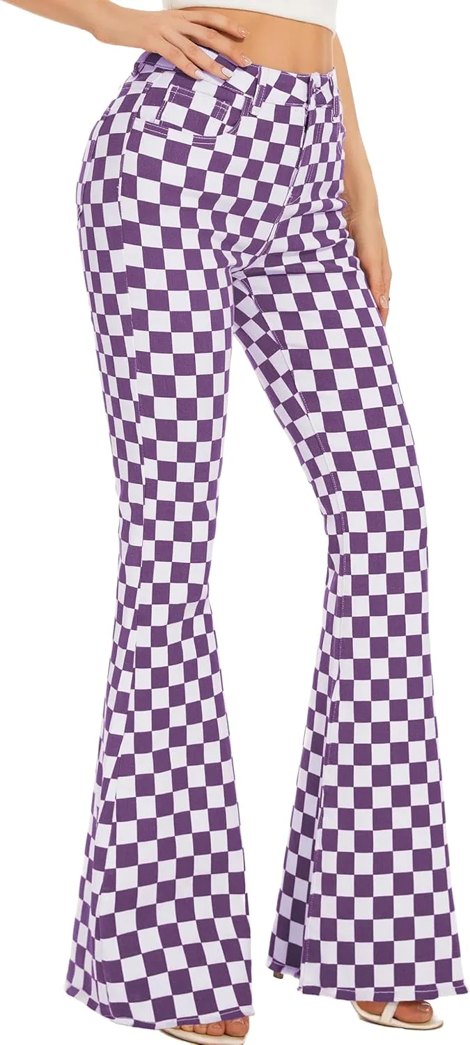 Bell Bottom Jeans for Women High Waisted Stretch Plaid Flare Jeans Denim Bootcut Pants