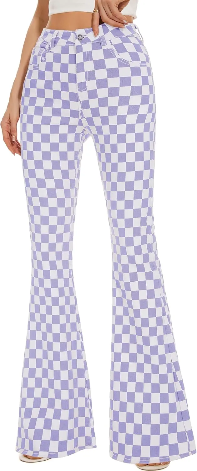 Bell Bottom Jeans for Women High Waisted Stretch Plaid Flare Jeans Denim Bootcut Pants