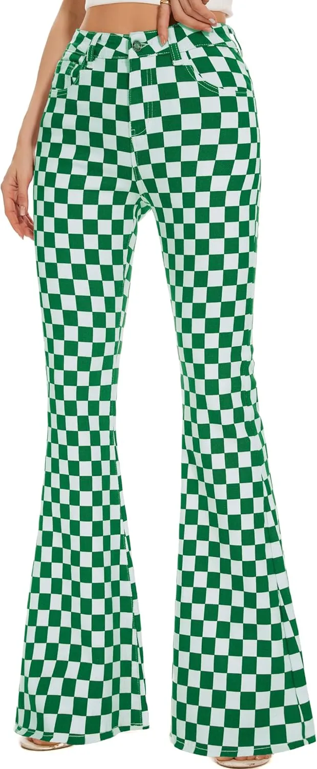 Bell Bottom Jeans for Women High Waisted Stretch Plaid Flare Jeans Denim Bootcut Pants