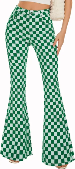 Bell Bottom Jeans for Women High Waisted Stretch Plaid Flare Jeans Denim Bootcut Pants