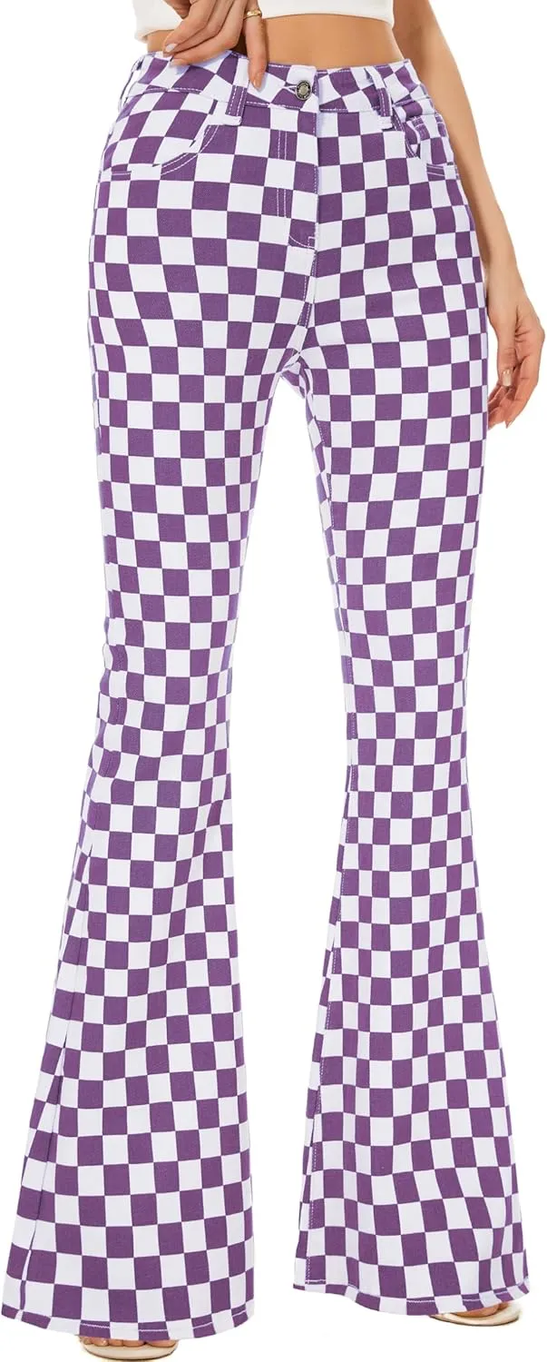 Bell Bottom Jeans for Women High Waisted Stretch Plaid Flare Jeans Denim Bootcut Pants