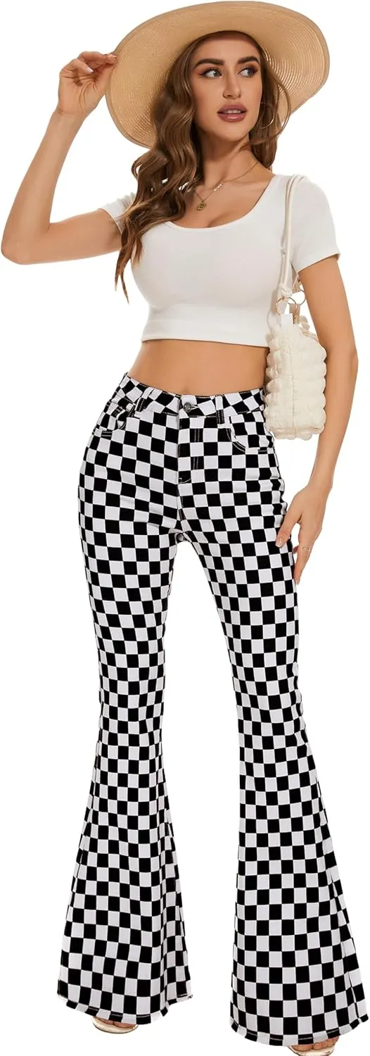 Bell Bottom Jeans for Women High Waisted Stretch Plaid Flare Jeans Denim Bootcut Pants
