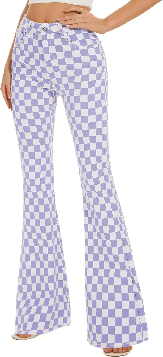 Bell Bottom Jeans for Women High Waisted Stretch Plaid Flare Jeans Denim Bootcut Pants