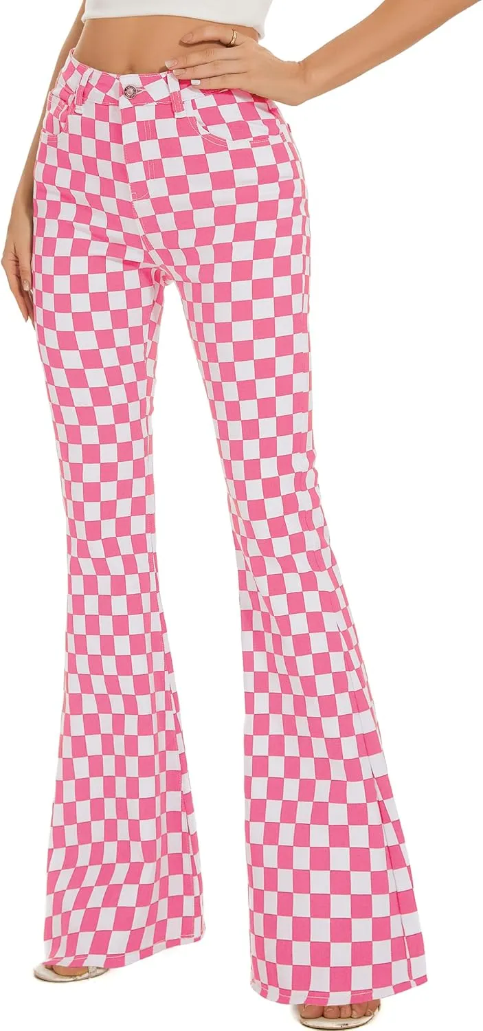 Bell Bottom Jeans for Women High Waisted Stretch Plaid Flare Jeans Denim Bootcut Pants