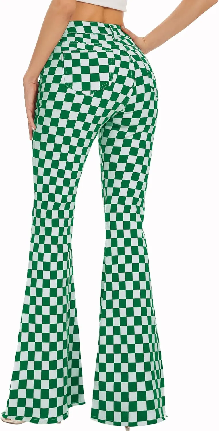 Bell Bottom Jeans for Women High Waisted Stretch Plaid Flare Jeans Denim Bootcut Pants