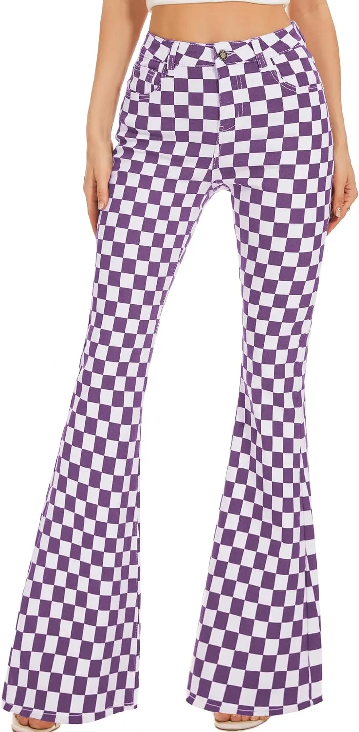 Bell Bottom Jeans for Women High Waisted Stretch Plaid Flare Jeans Denim Bootcut Pants