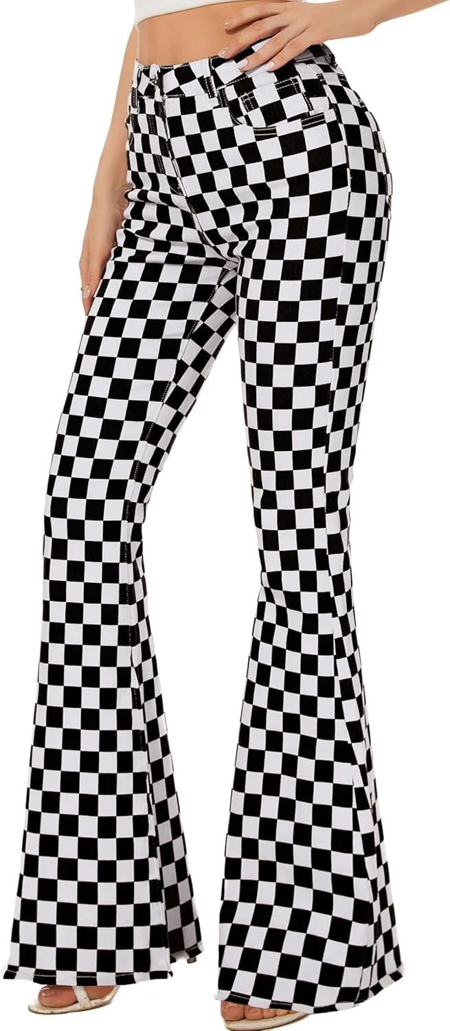 Bell Bottom Jeans for Women High Waisted Stretch Plaid Flare Jeans Denim Bootcut Pants