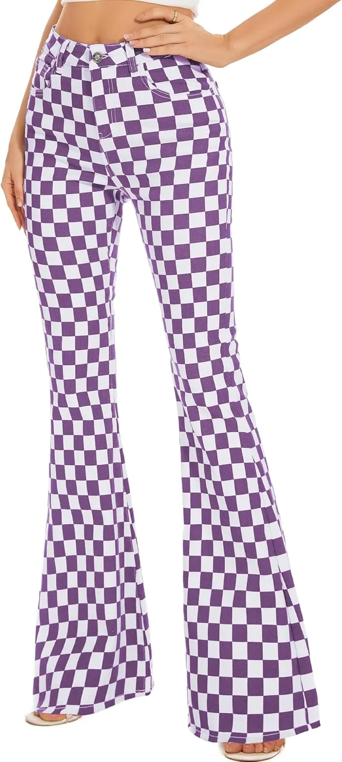 Bell Bottom Jeans for Women High Waisted Stretch Plaid Flare Jeans Denim Bootcut Pants