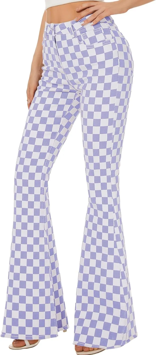 Bell Bottom Jeans for Women High Waisted Stretch Plaid Flare Jeans Denim Bootcut Pants