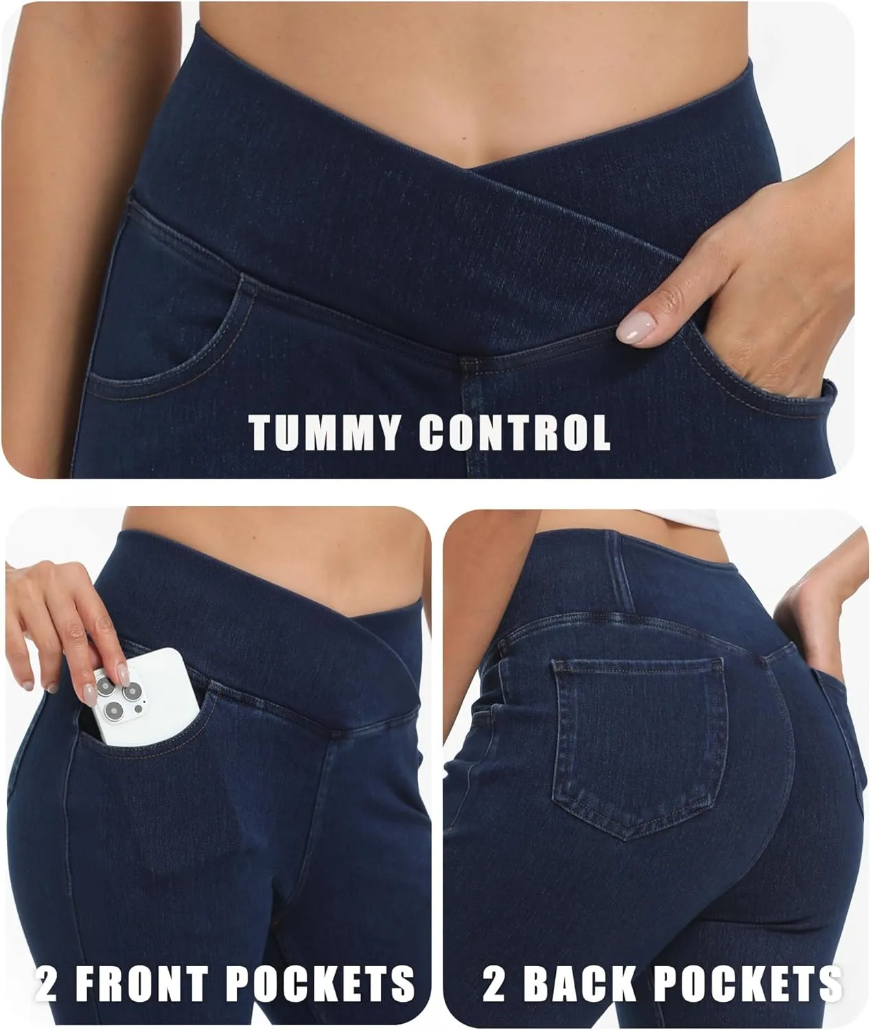 Bell Bottom Jeans for Women High Waisted Stretchy Flare Jeans with Pockets Trendy Crossover Pull On Flare Jeggings